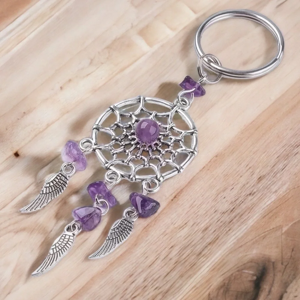Dream Catcher Native American Keychain Silver Amethyst Purple
